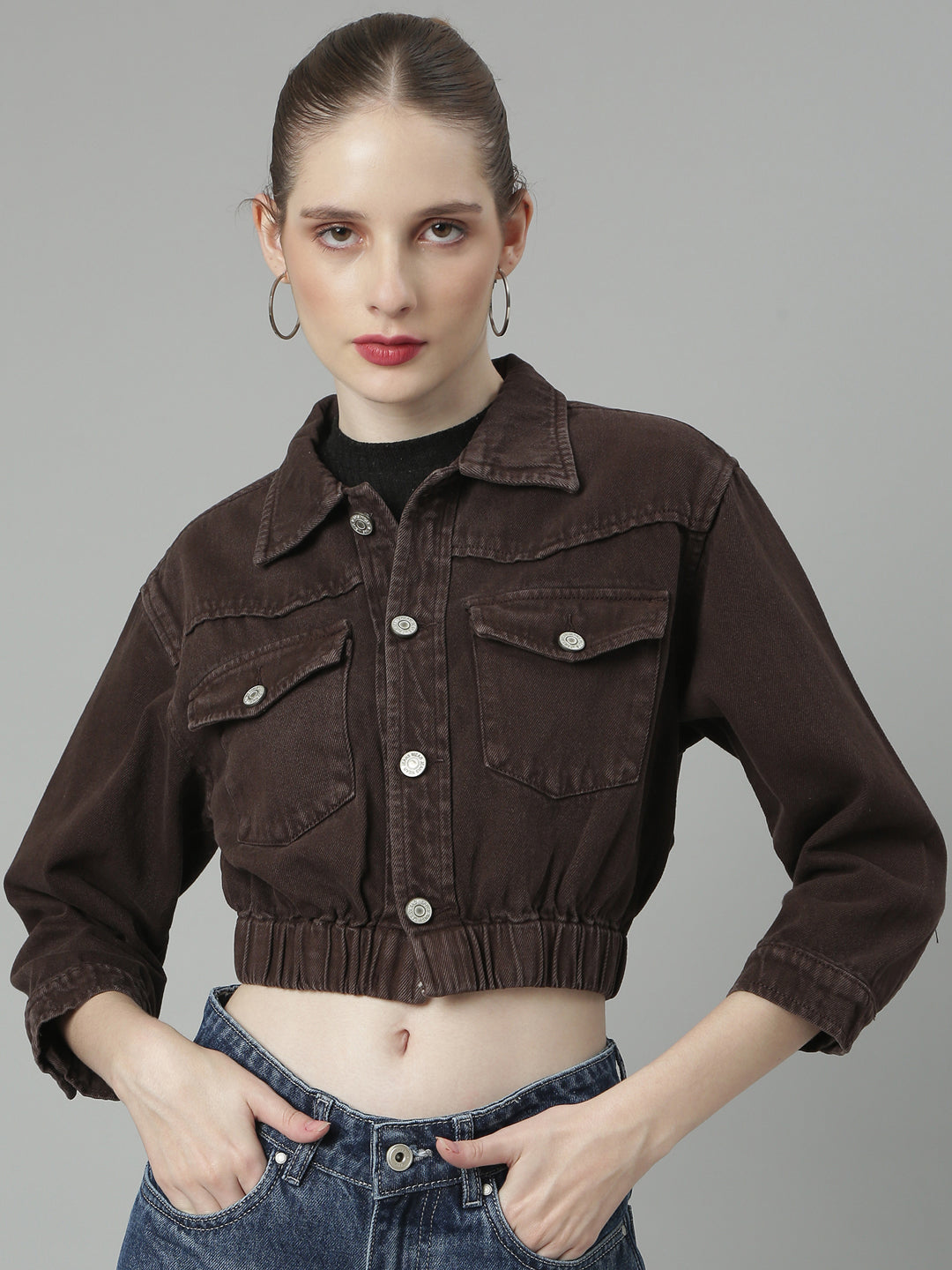 Women Coffee Brown Solid Denim Jacket