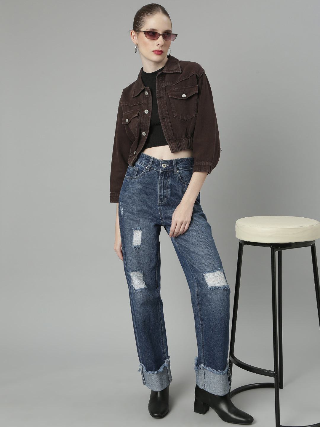 Women Coffee Brown Solid Denim Jacket