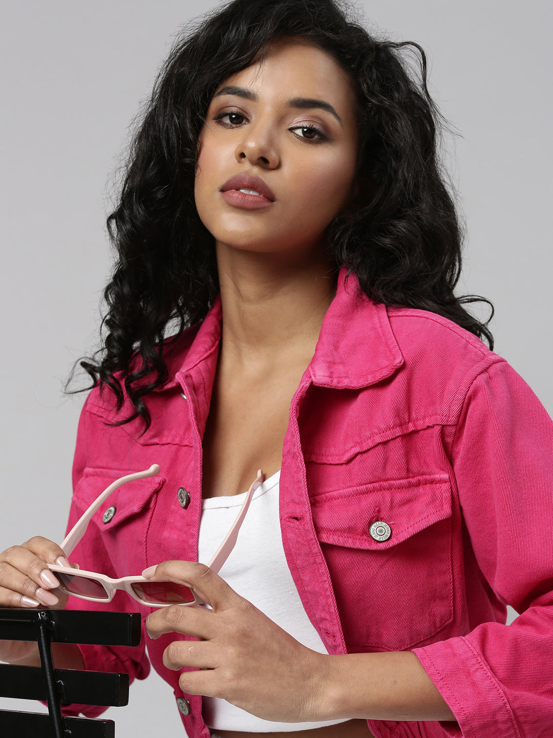 Women Fuchsia Solid Denim Jacket