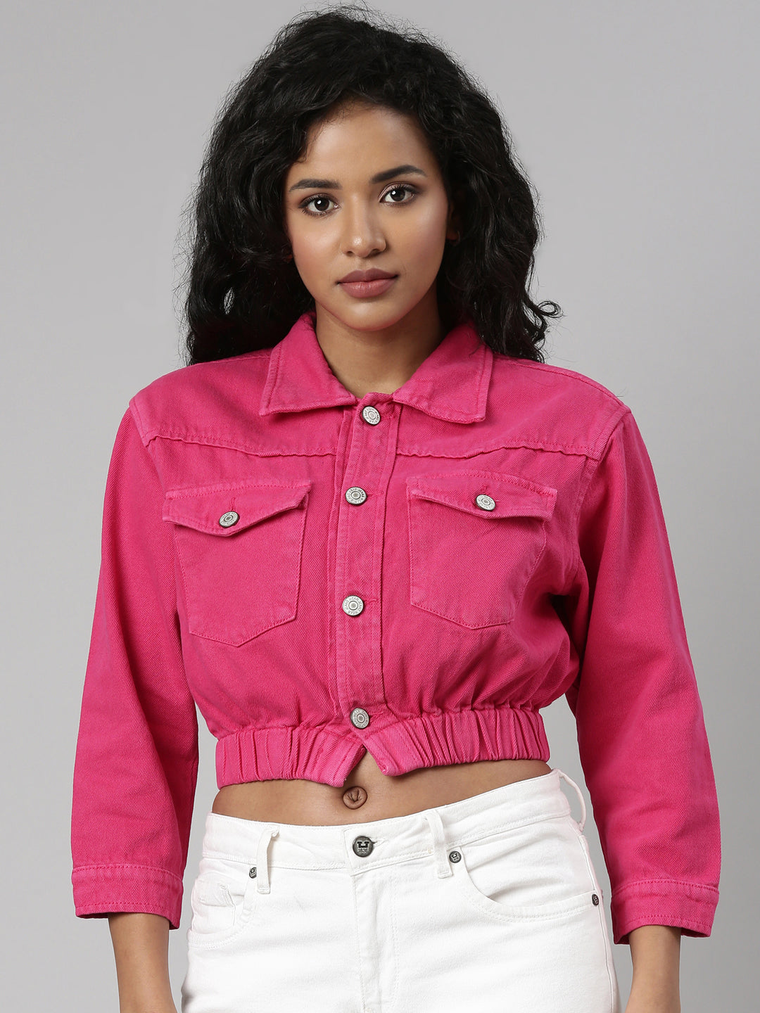 Women Fuchsia Solid Denim Jacket