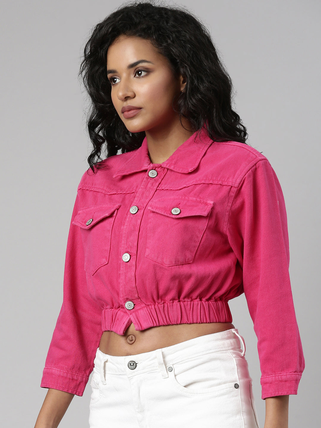 Women Fuchsia Solid Denim Jacket