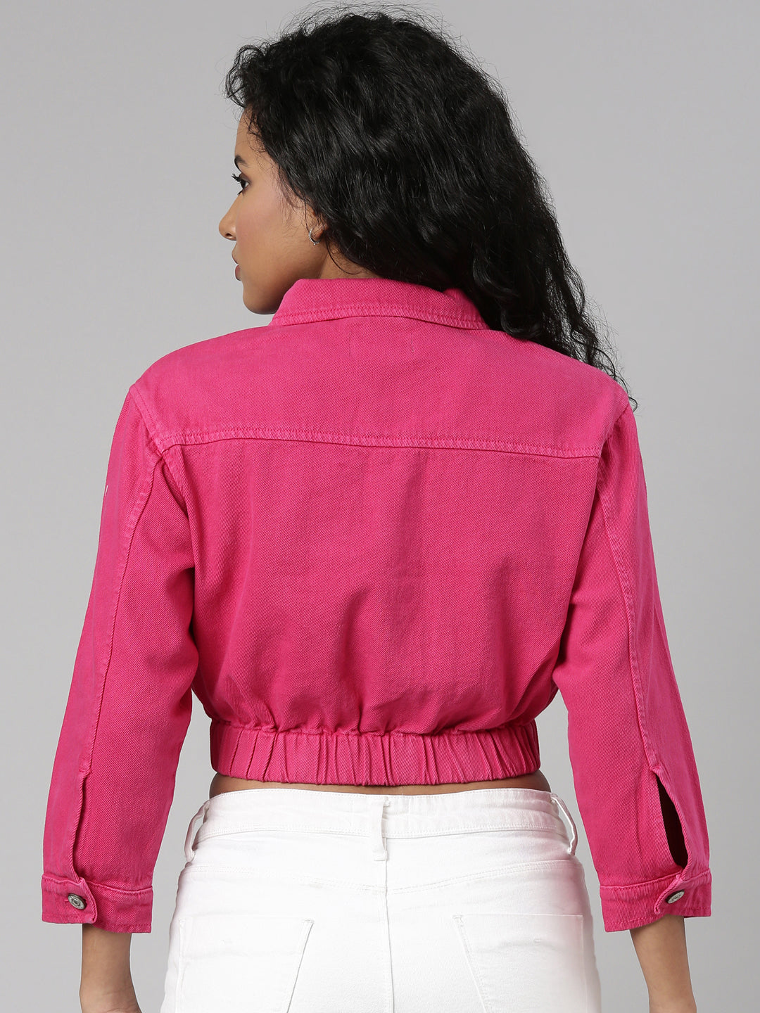 Women Fuchsia Solid Denim Jacket