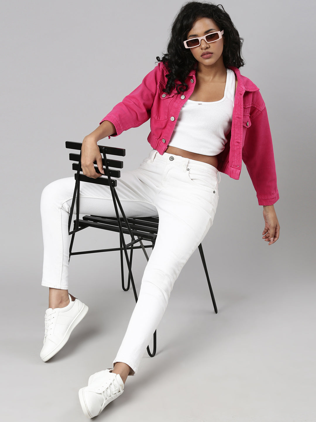 Women Fuchsia Solid Denim Jacket