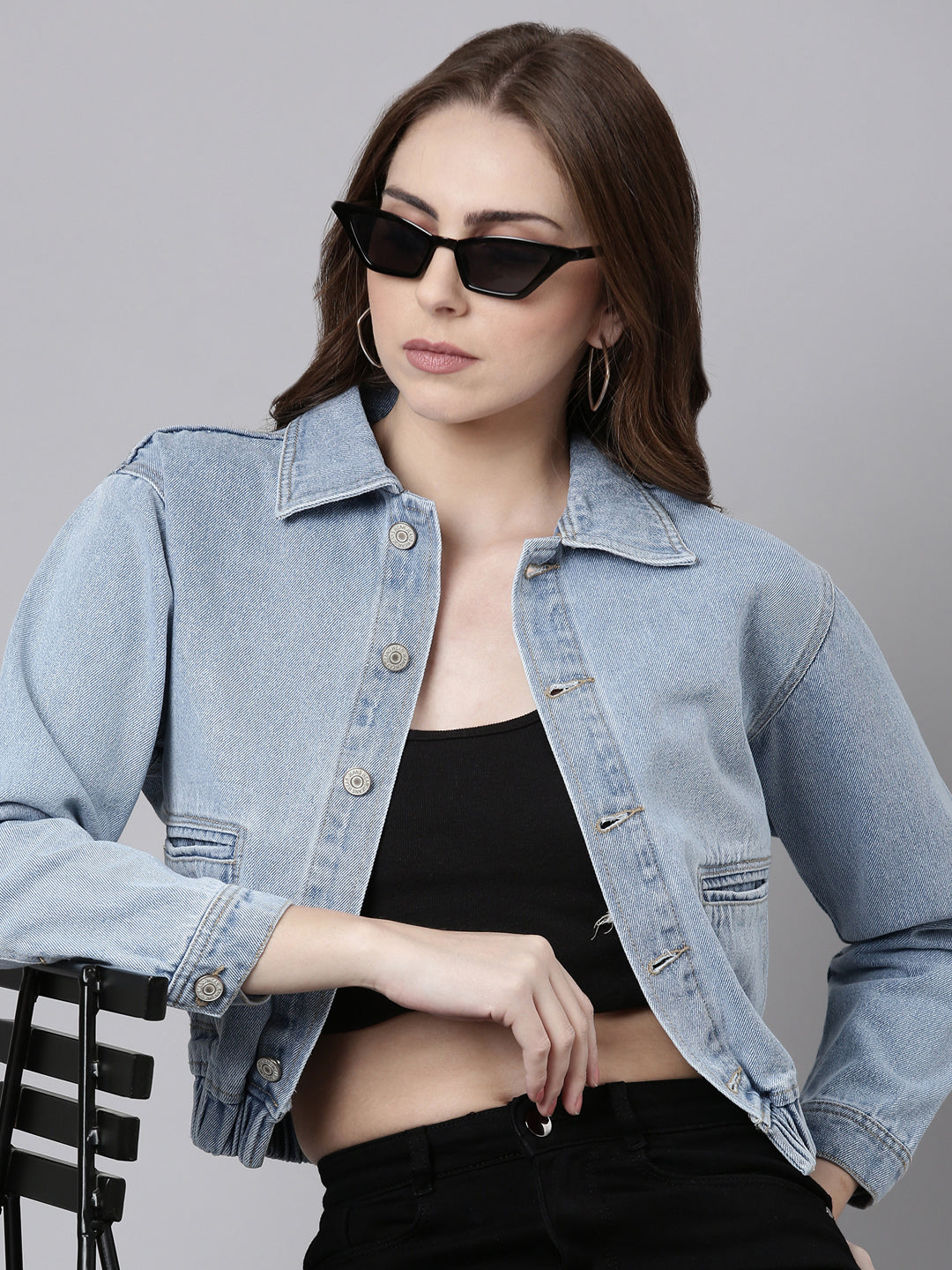 Women Blue Solid Denim Jacket