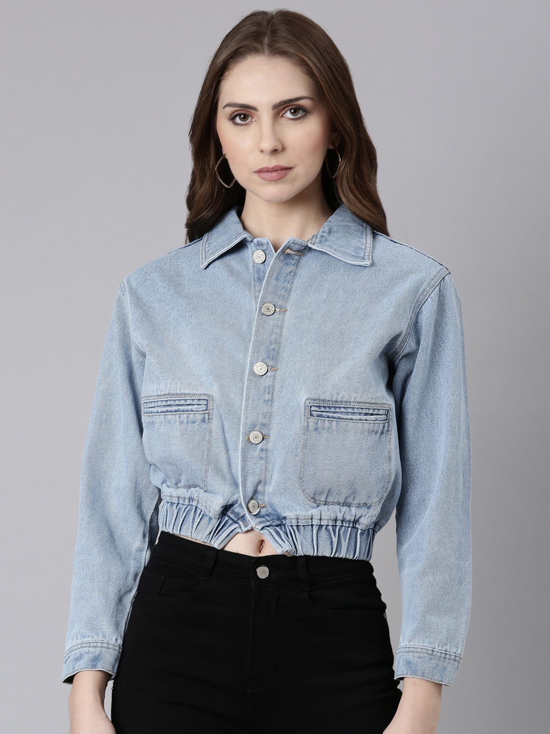 Women Blue Solid Denim Jacket