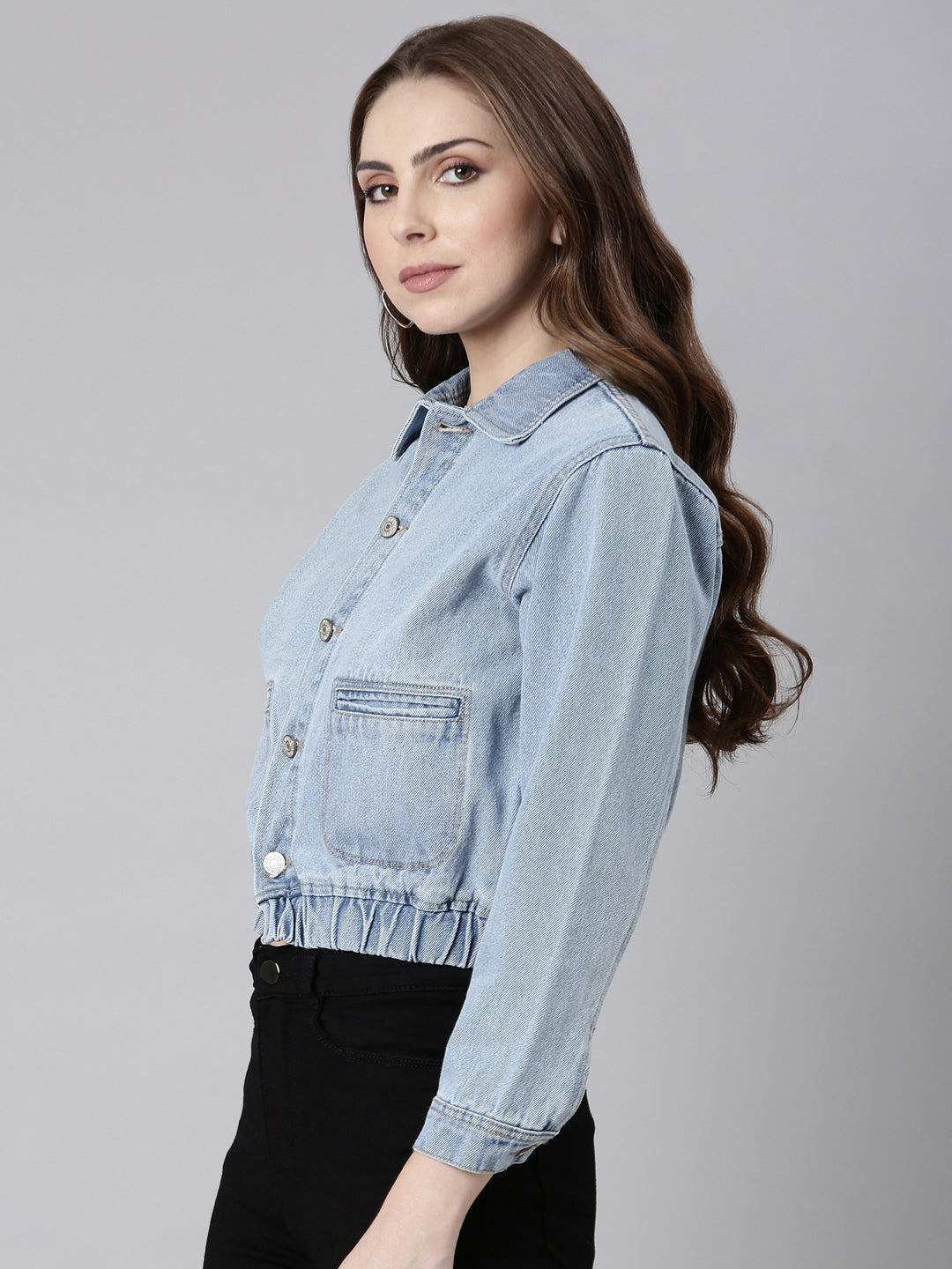 Women Blue Solid Denim Jacket