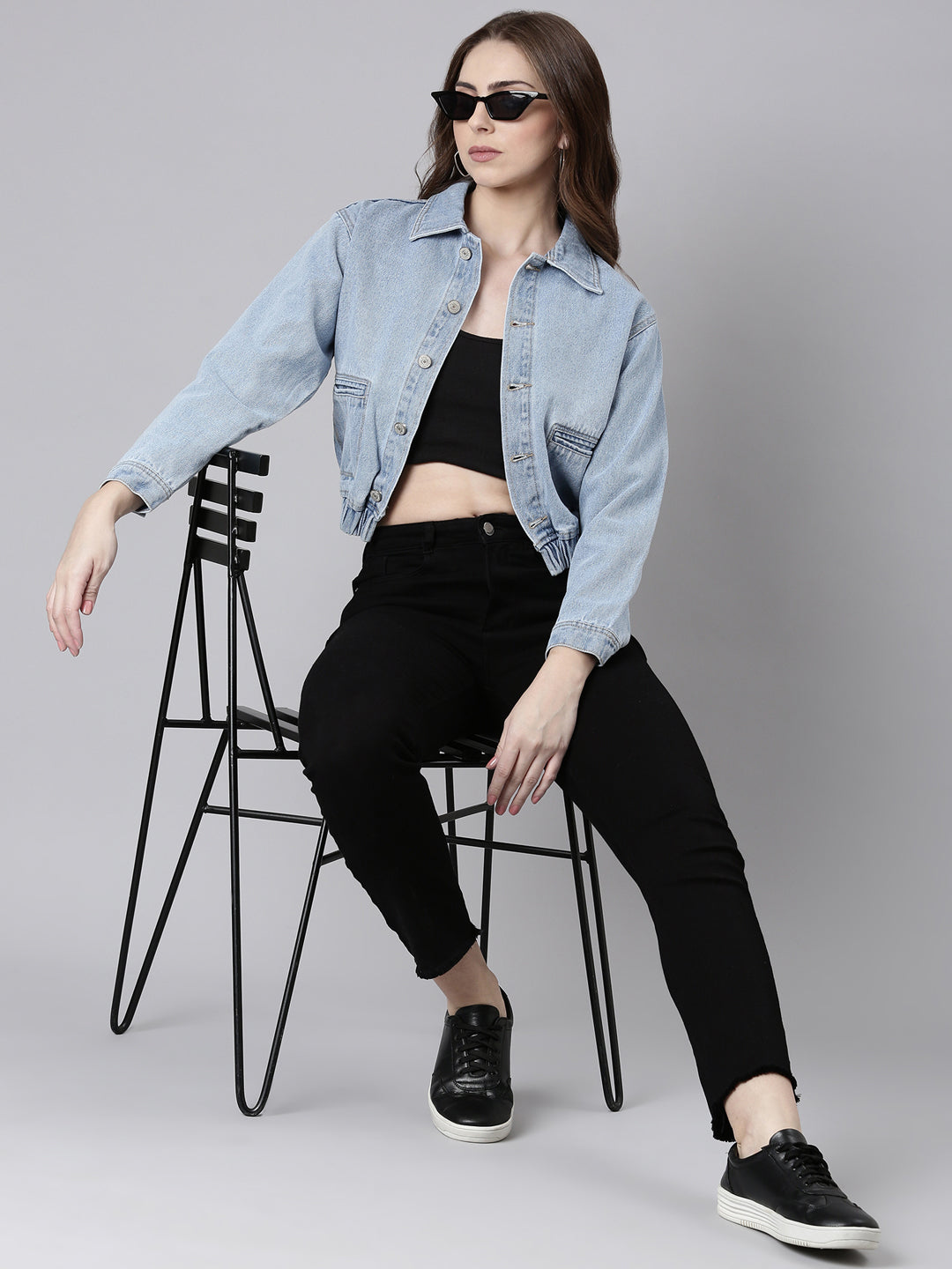 Women Blue Solid Denim Jacket