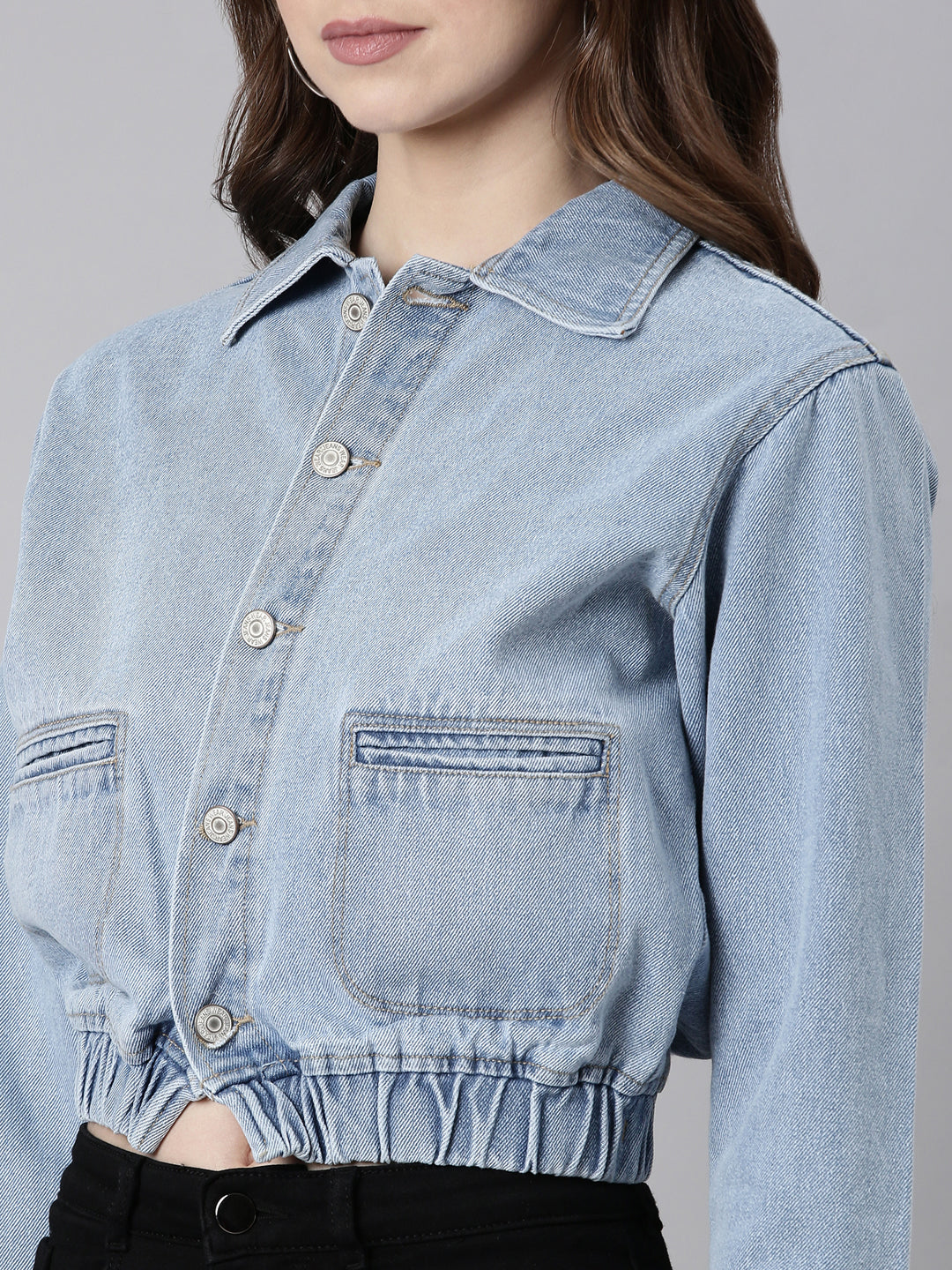 Women Blue Solid Denim Jacket