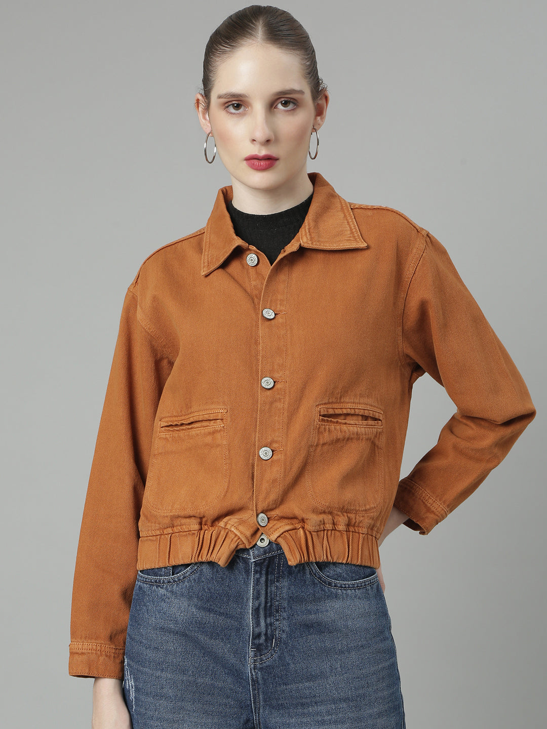 Women Rust Solid Denim Jacket