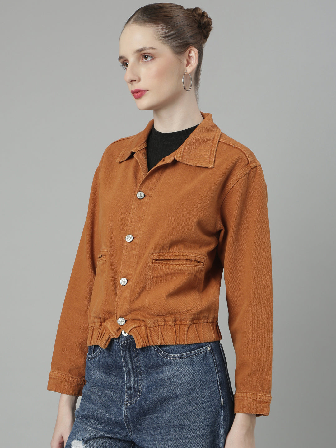 Women Rust Solid Denim Jacket