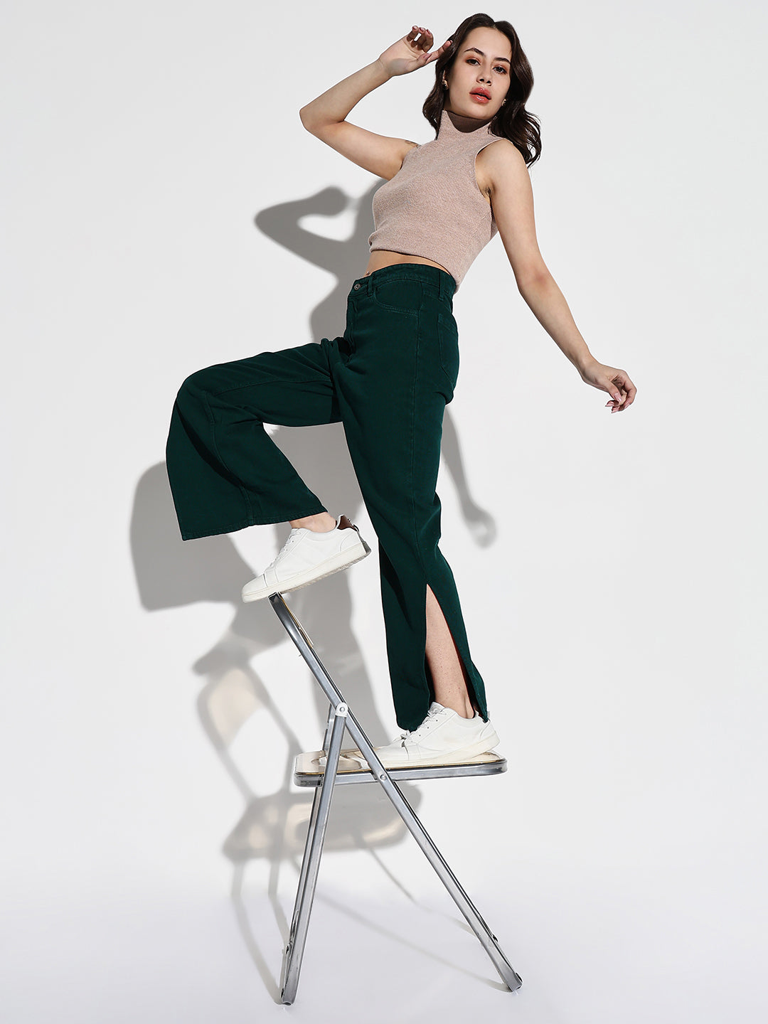 Women's Green Comfort Wide Leg Acid Wash Stretchable Jeans