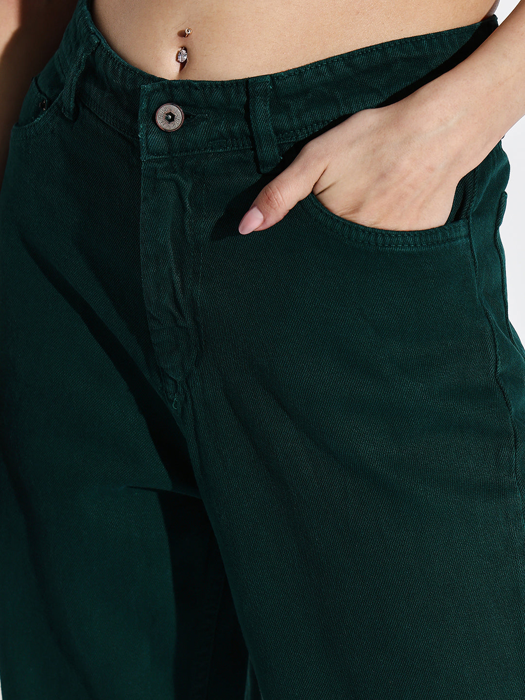 Women's Green Comfort Wide Leg Acid Wash Stretchable Jeans