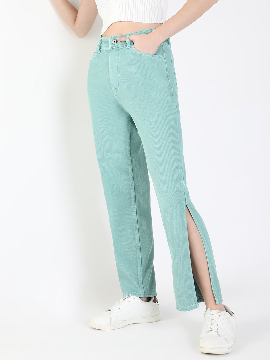 Women Sea Green Straight Fit Jeans