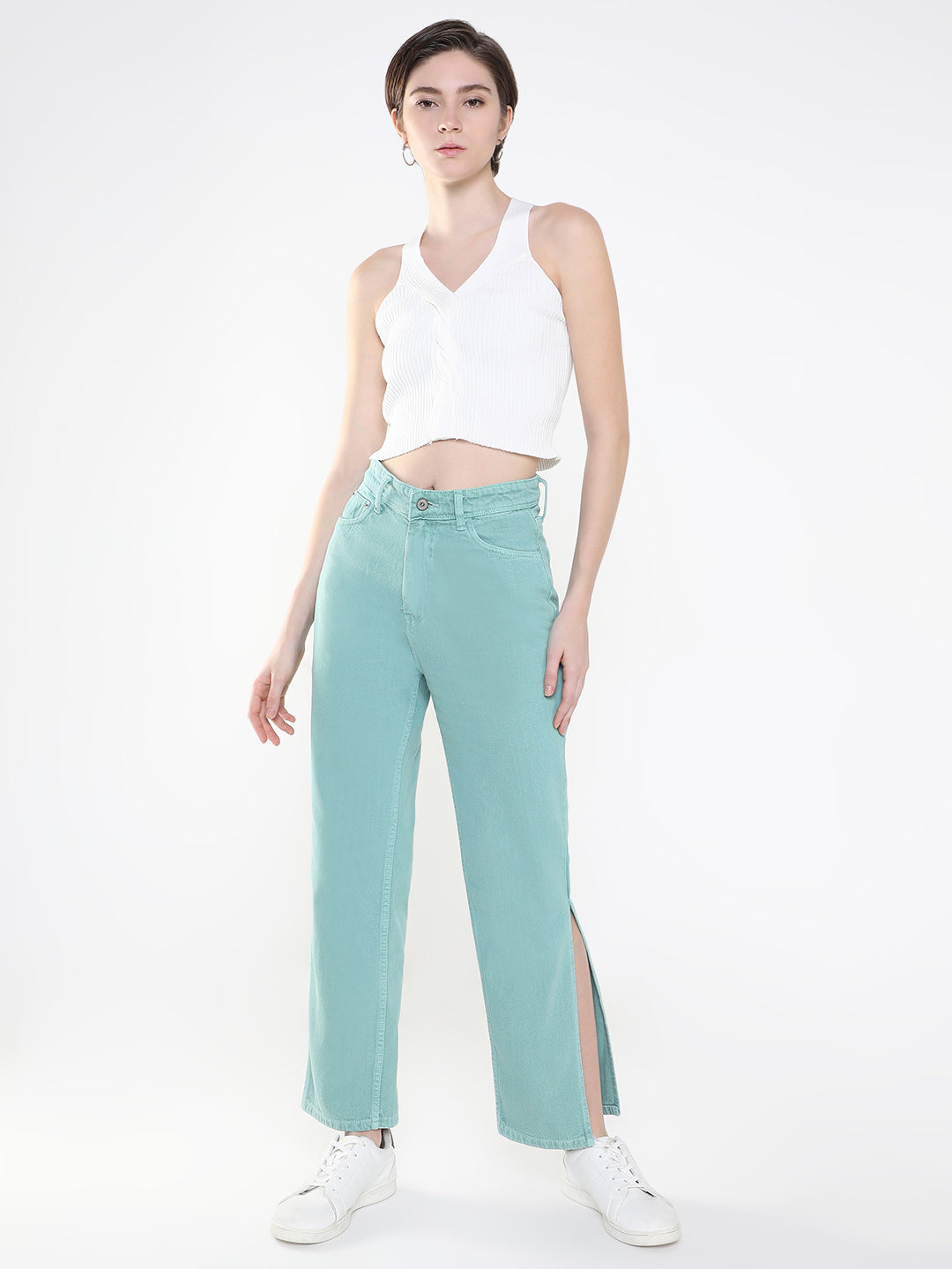 Women Sea Green Straight Fit Jeans