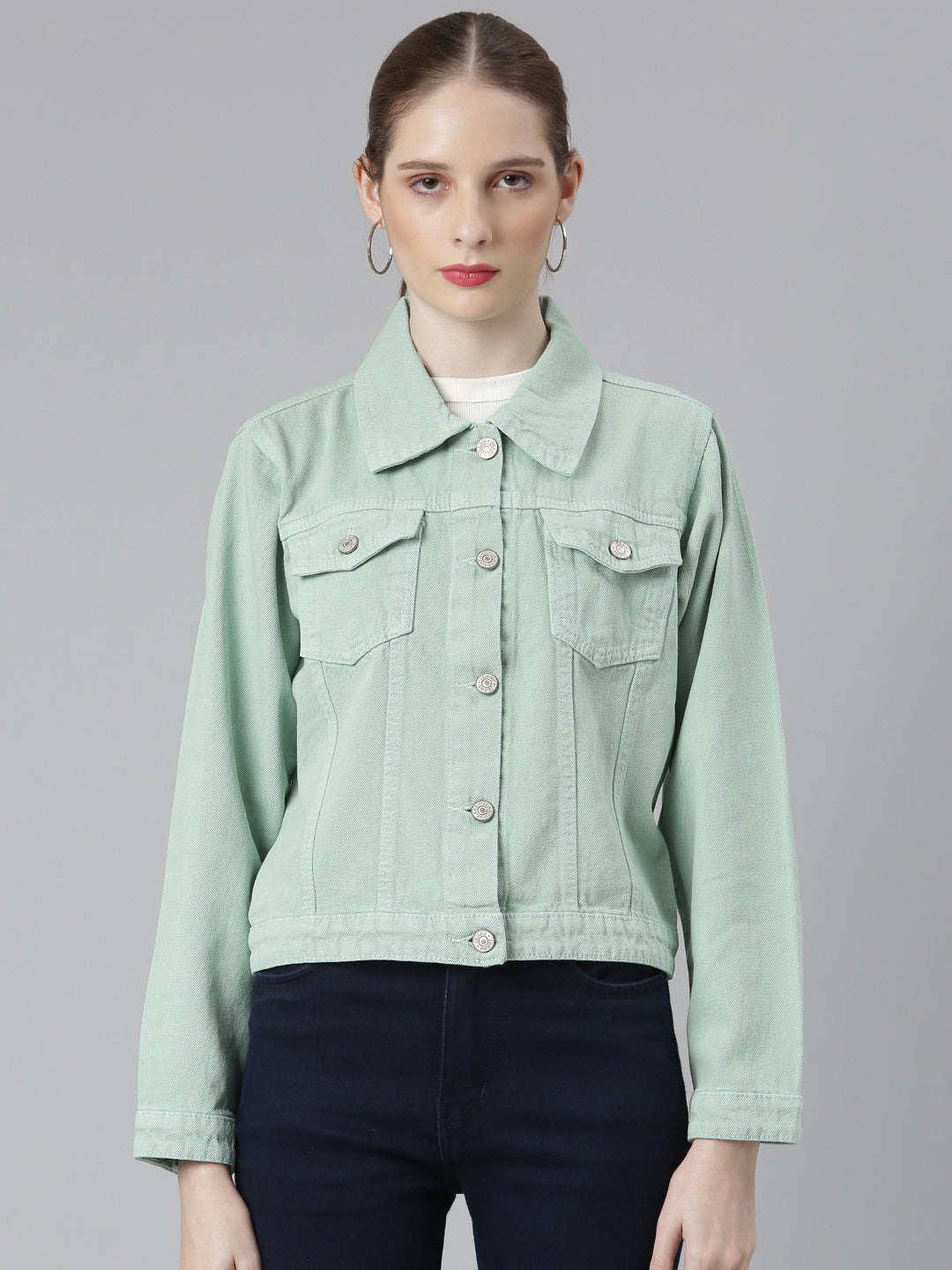 Women Sea Green Solid Denim Jacket