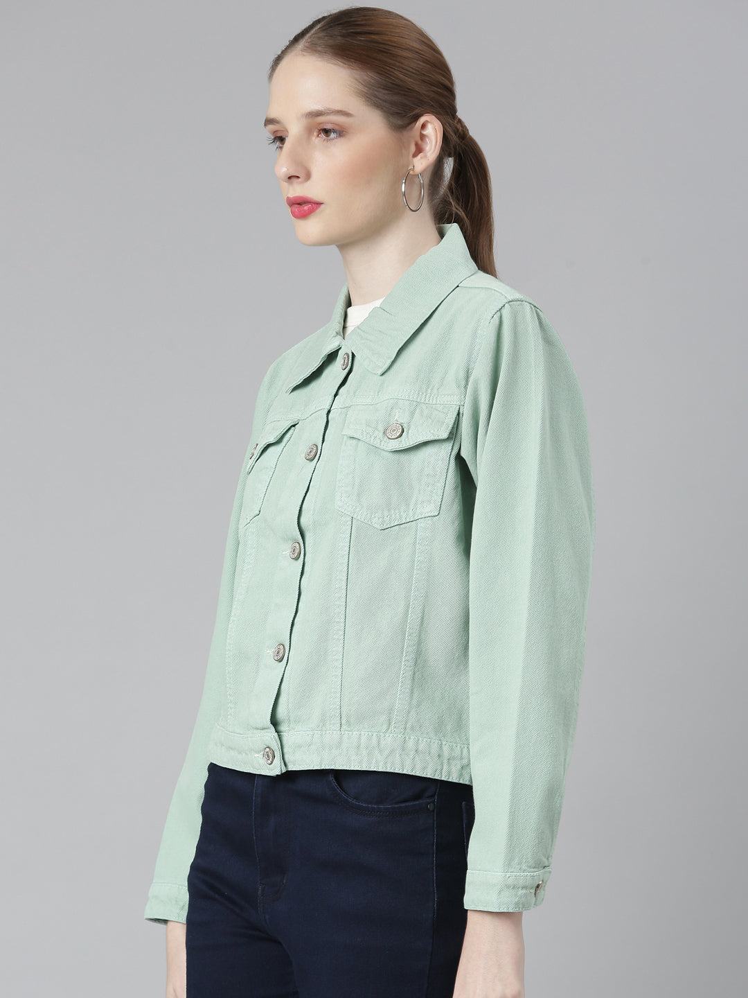 Women Sea Green Solid Denim Jacket