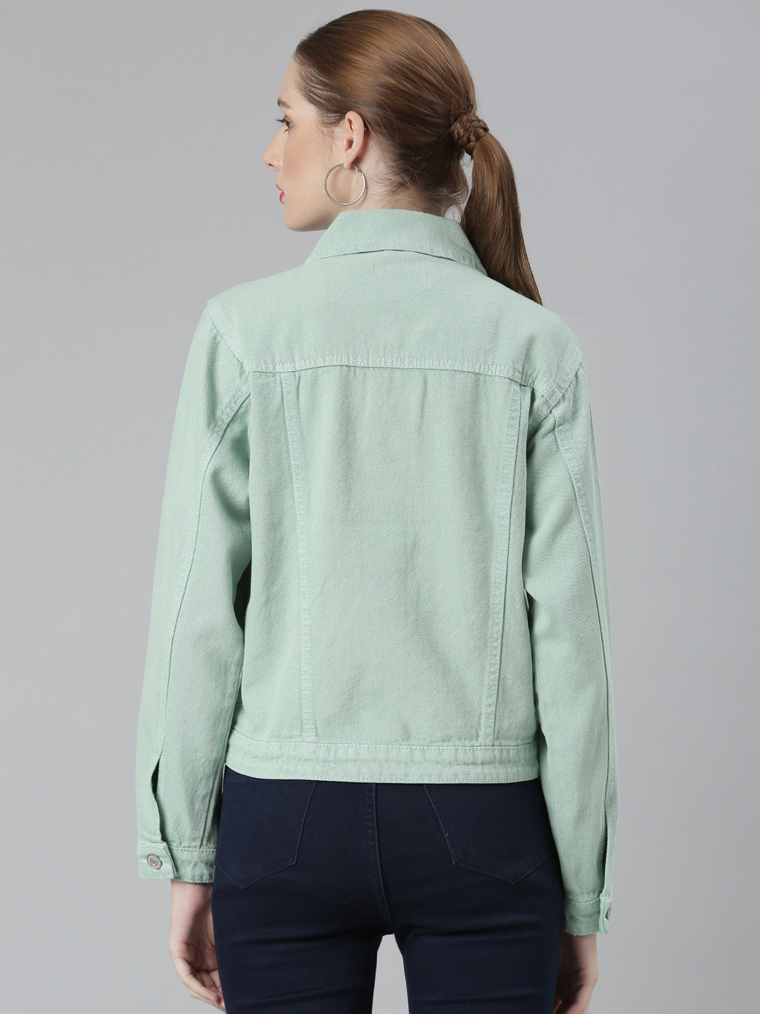 Women Sea Green Solid Denim Jacket