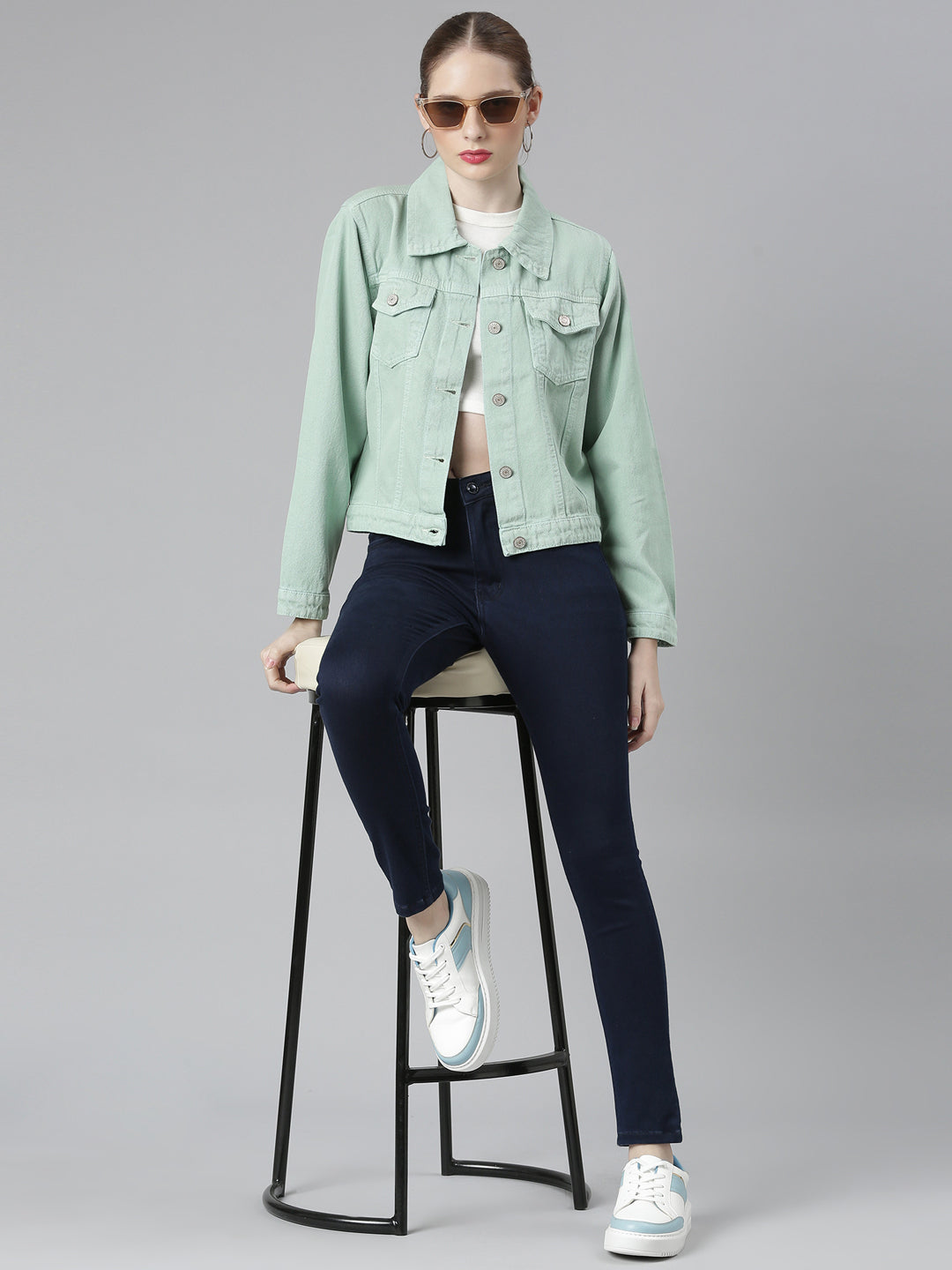 Women Sea Green Solid Denim Jacket