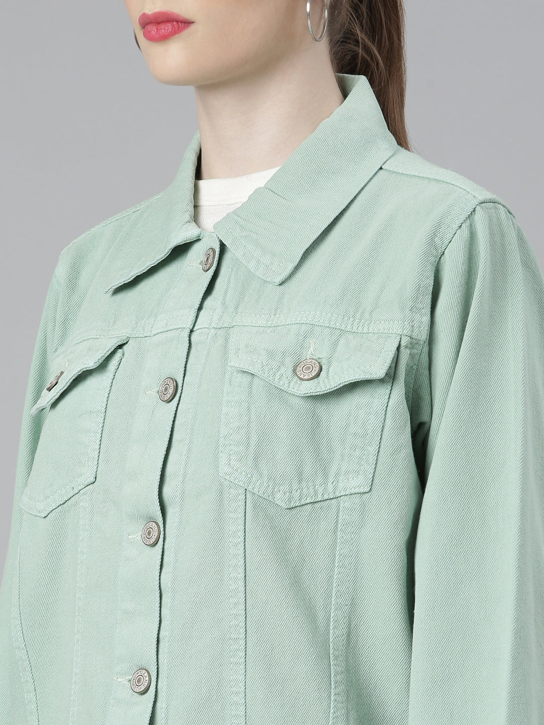 Women Sea Green Solid Denim Jacket