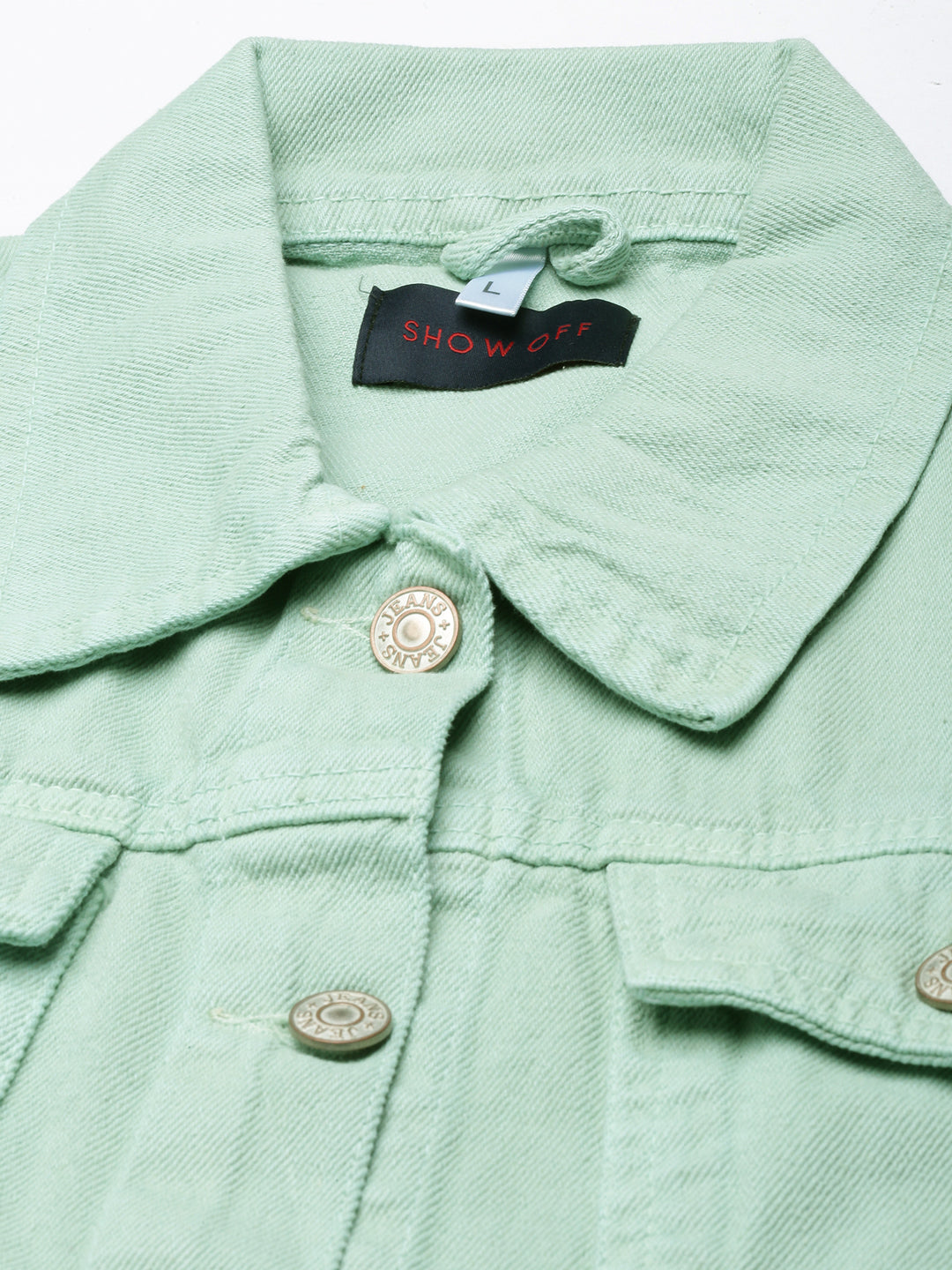 Women Sea Green Solid Denim Jacket