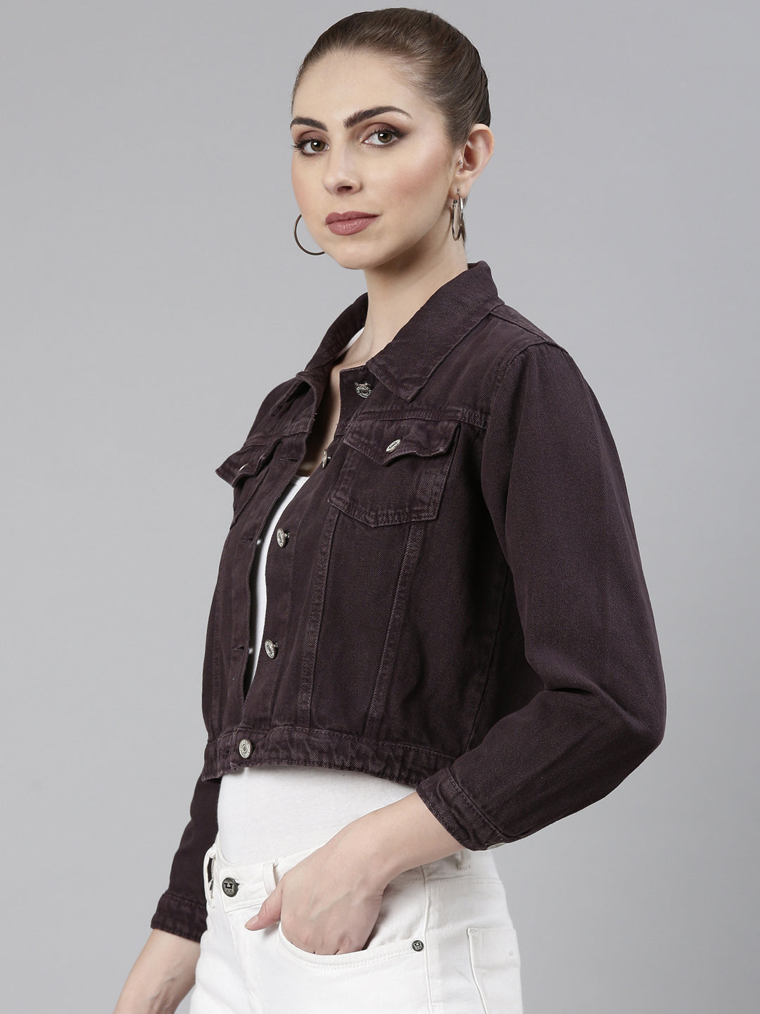 Women Violet Solid Denim Jacket