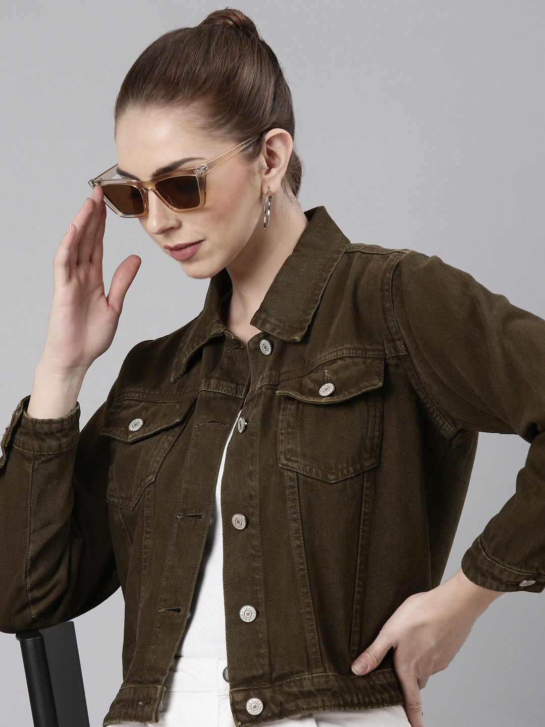 Women Brown Solid Denim Jacket