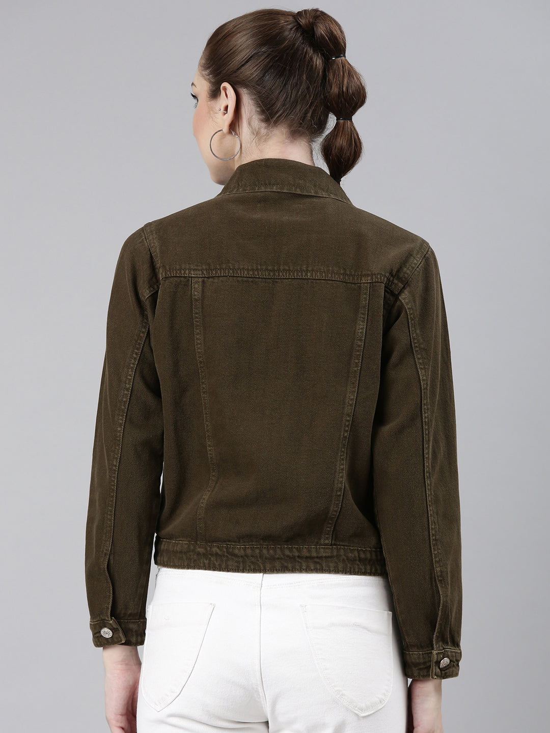 Women Brown Solid Denim Jacket