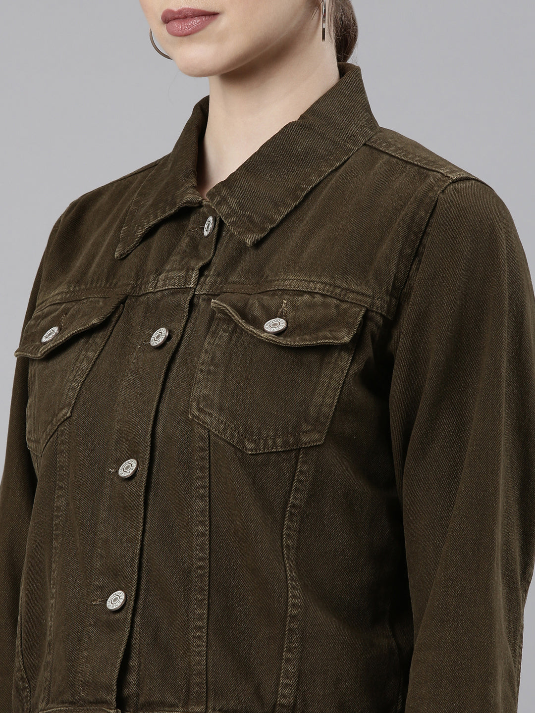 Women Brown Solid Denim Jacket