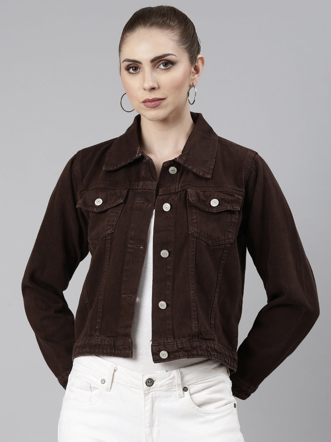 Women Coffee Brown Solid Denim Jacket