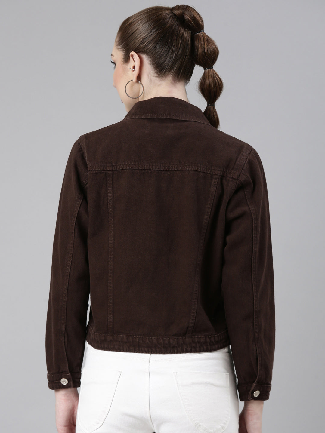 Women Coffee Brown Solid Denim Jacket