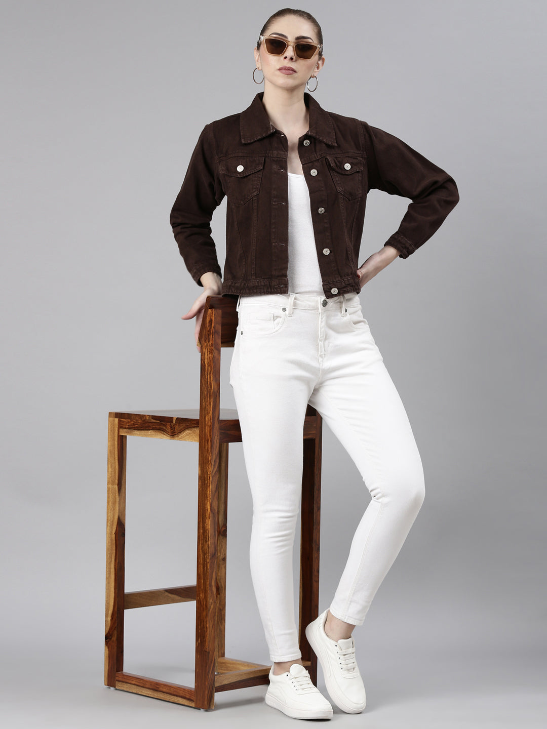 Women Coffee Brown Solid Denim Jacket