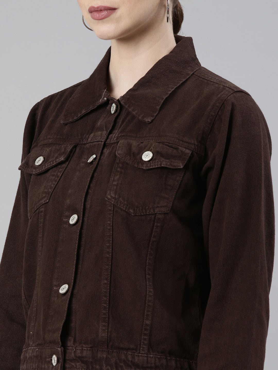 Women Coffee Brown Solid Denim Jacket