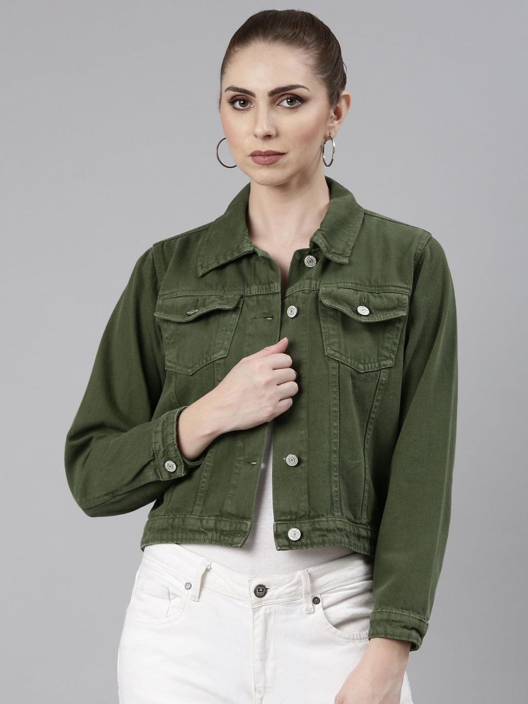 Women Green Solid Denim Jacket