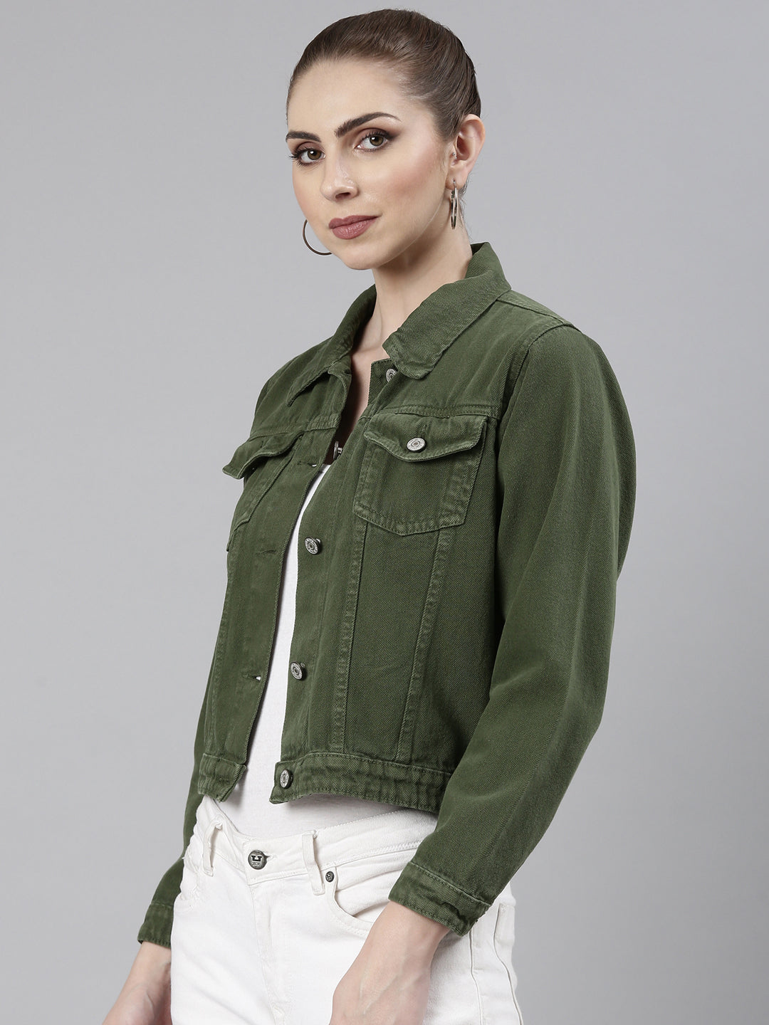 Women Green Solid Denim Jacket