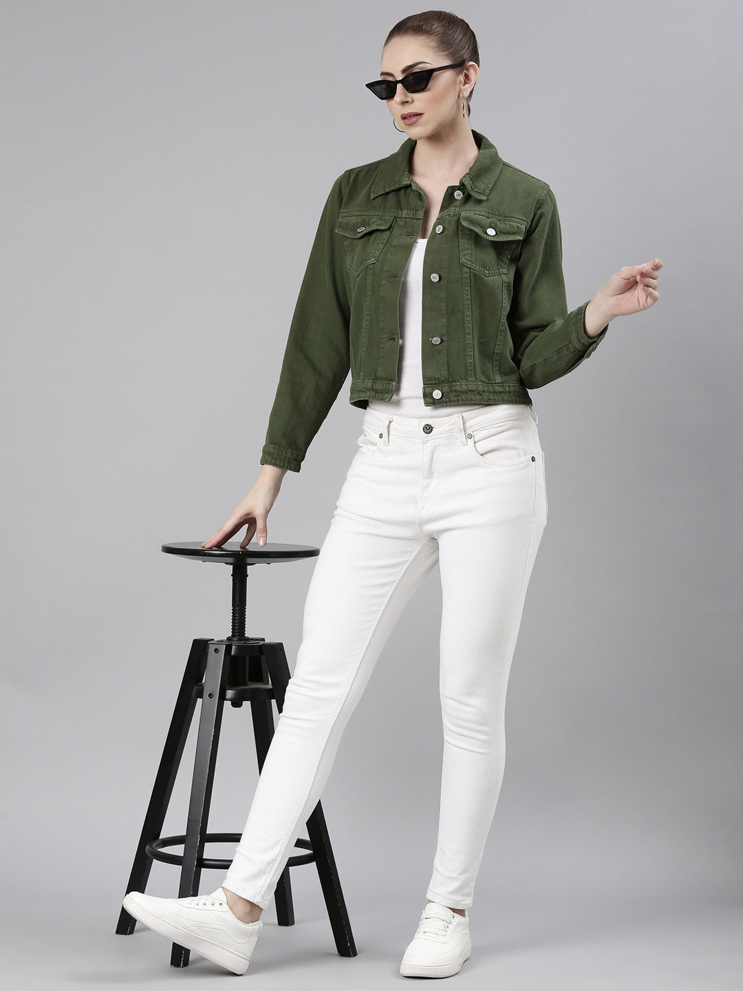 Women Green Solid Denim Jacket