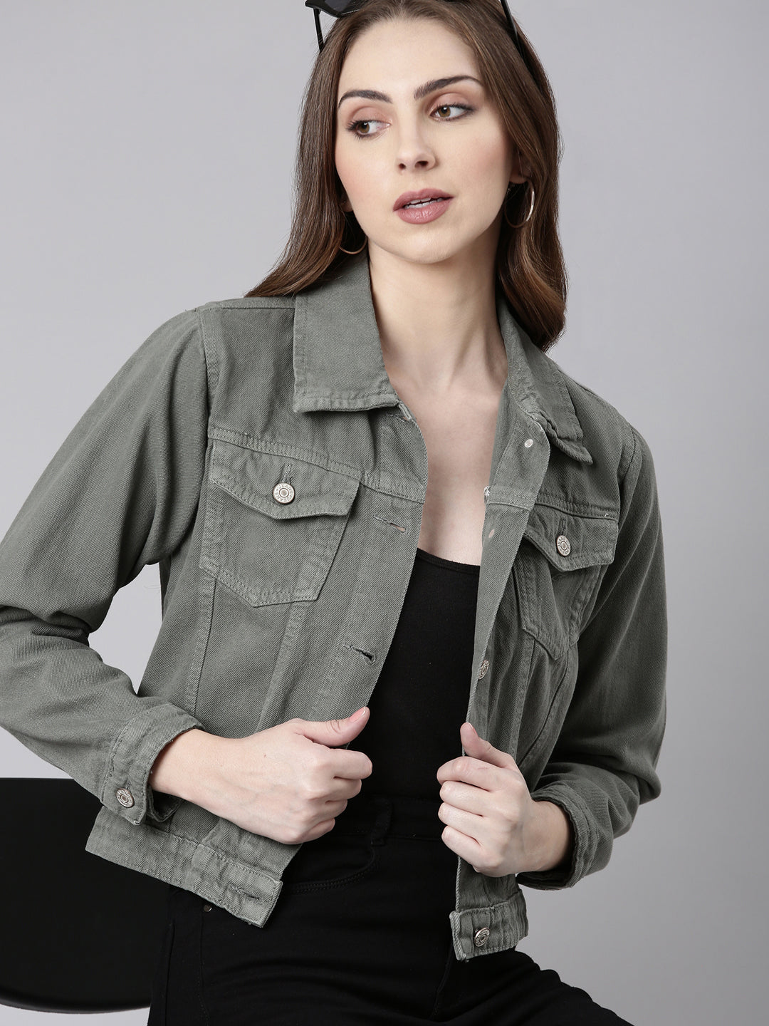 Women Grey Solid Denim Jacket