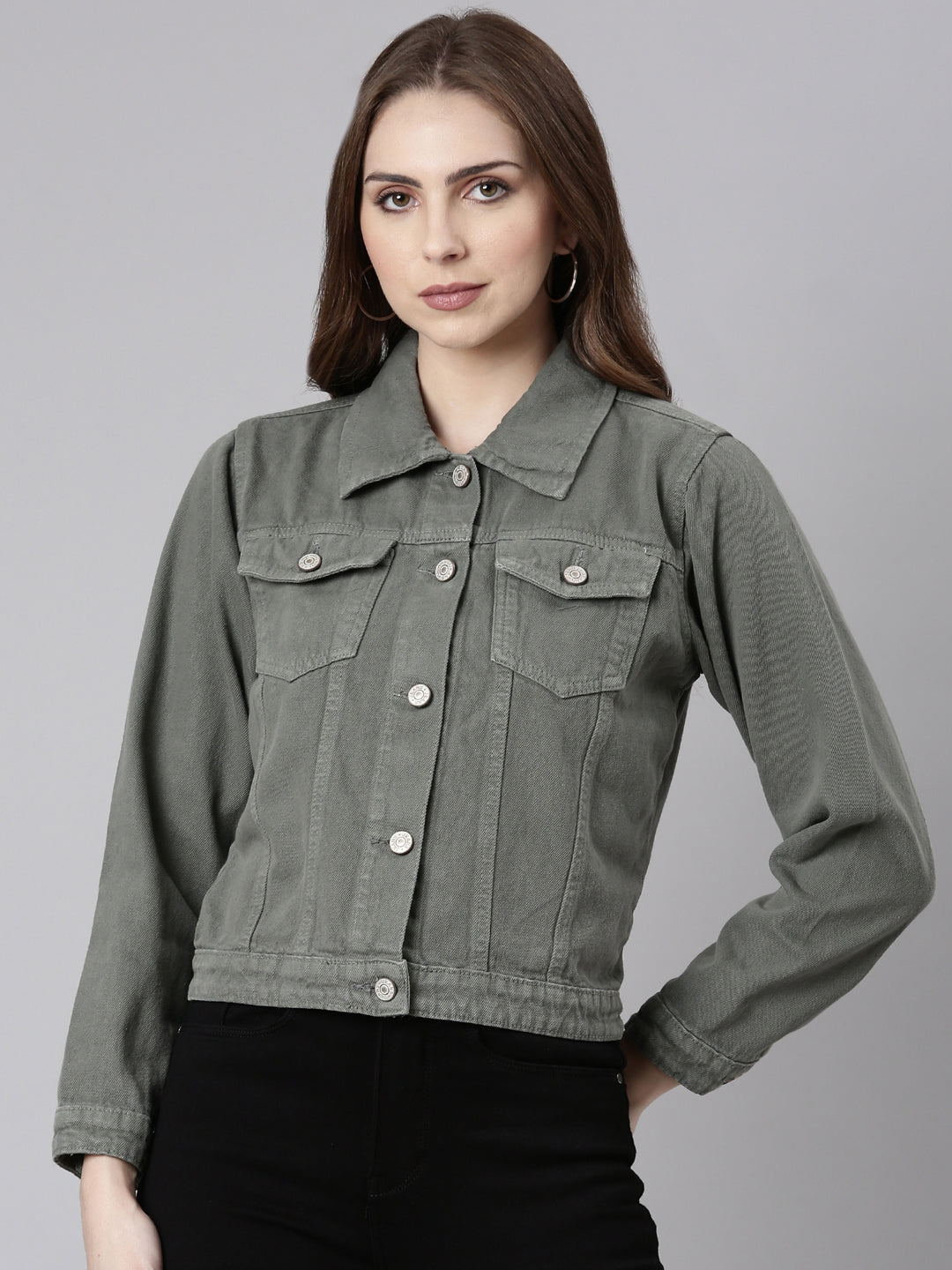 Women Grey Solid Denim Jacket