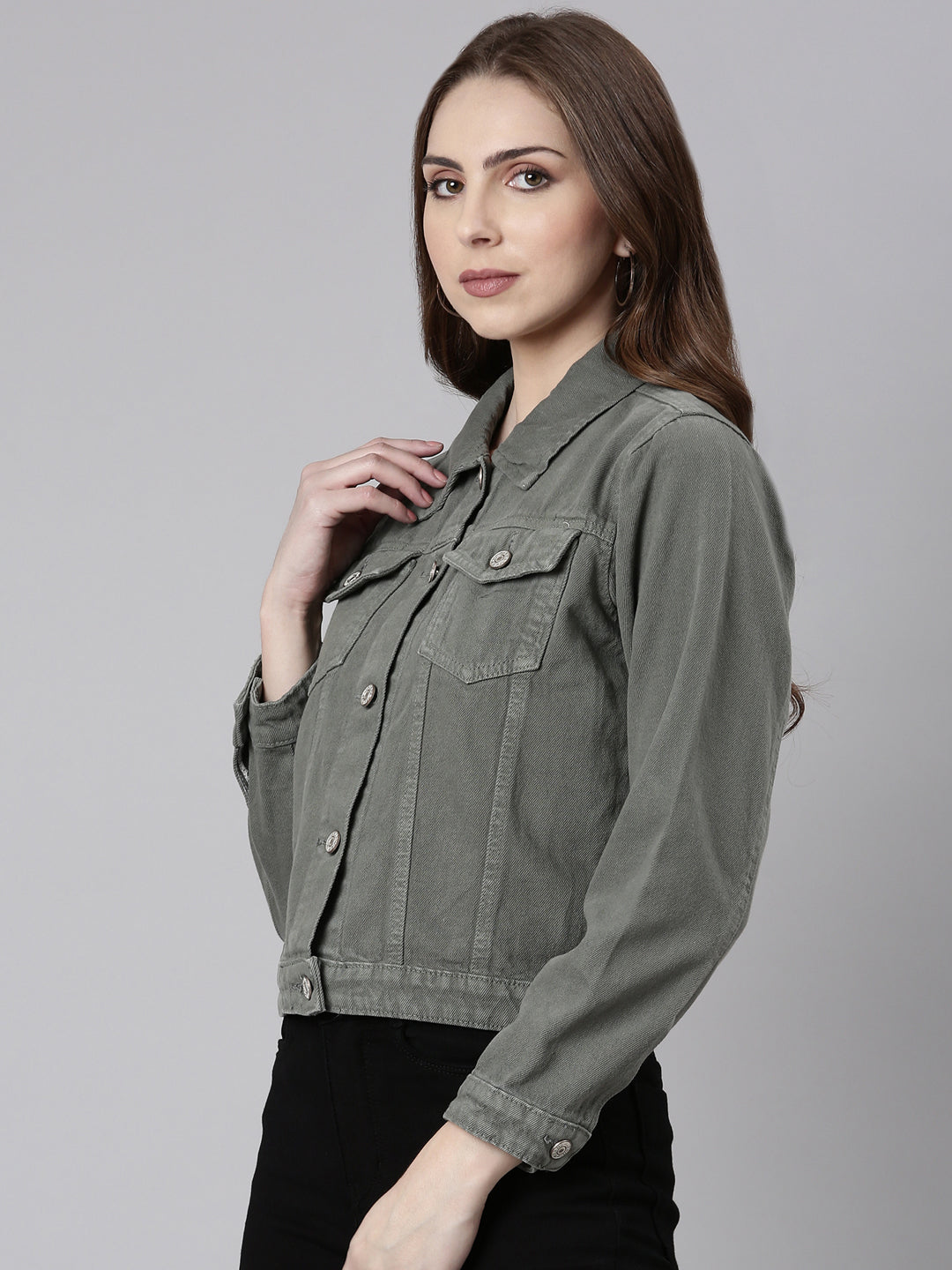 Women Grey Solid Denim Jacket