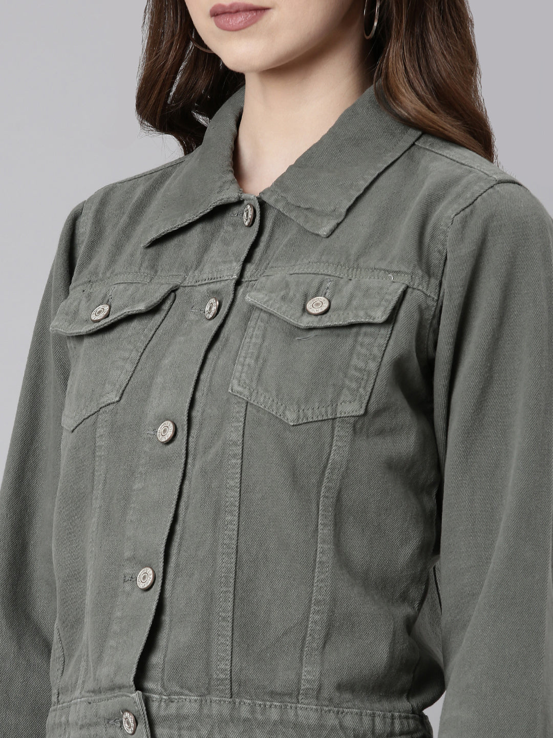 Women Grey Solid Denim Jacket