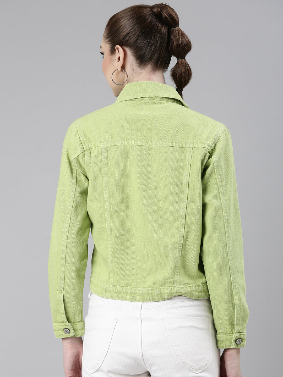 Women Lime Green Solid Denim Jacket