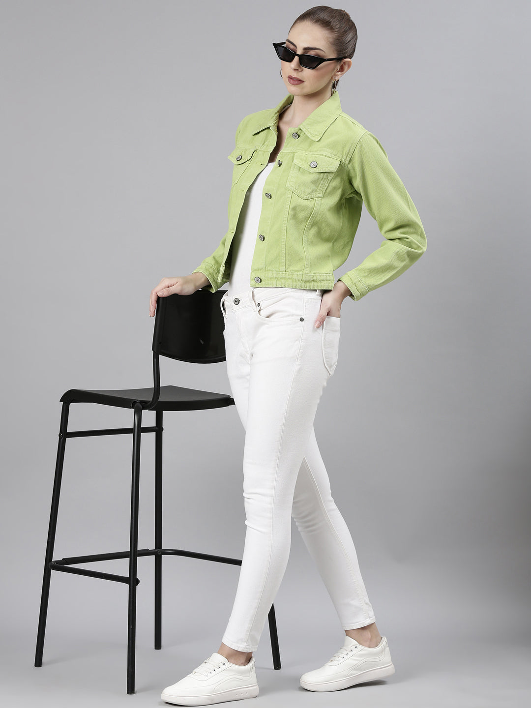 Women Lime Green Solid Denim Jacket