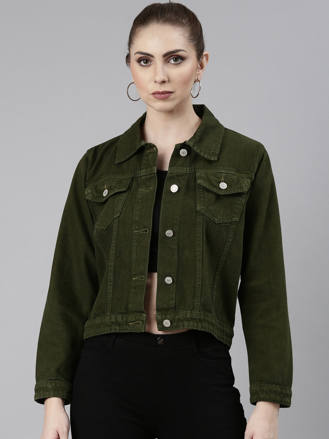 Women Olive Solid Denim Jacket