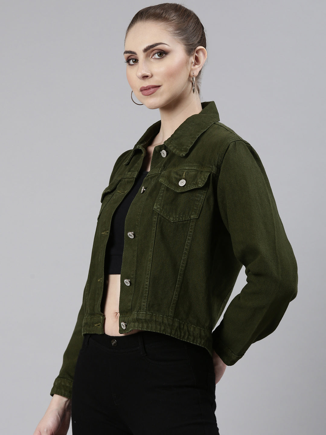 Women Olive Solid Denim Jacket