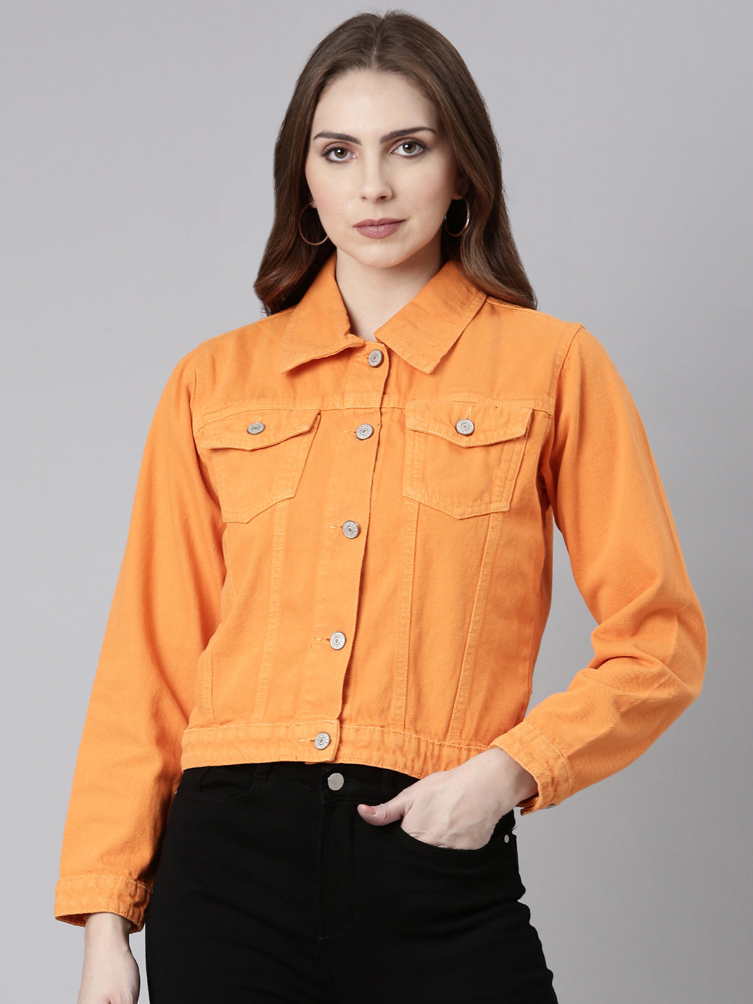 Women Orange Solid Denim Jacket