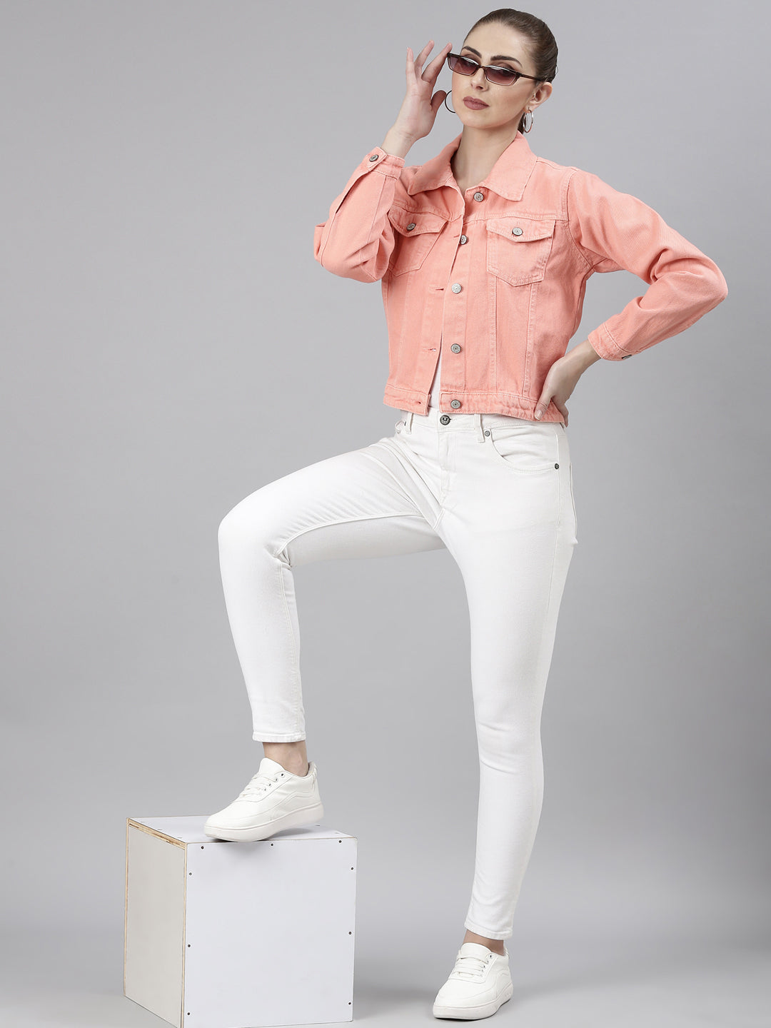 Women Peach Solid Denim Jacket