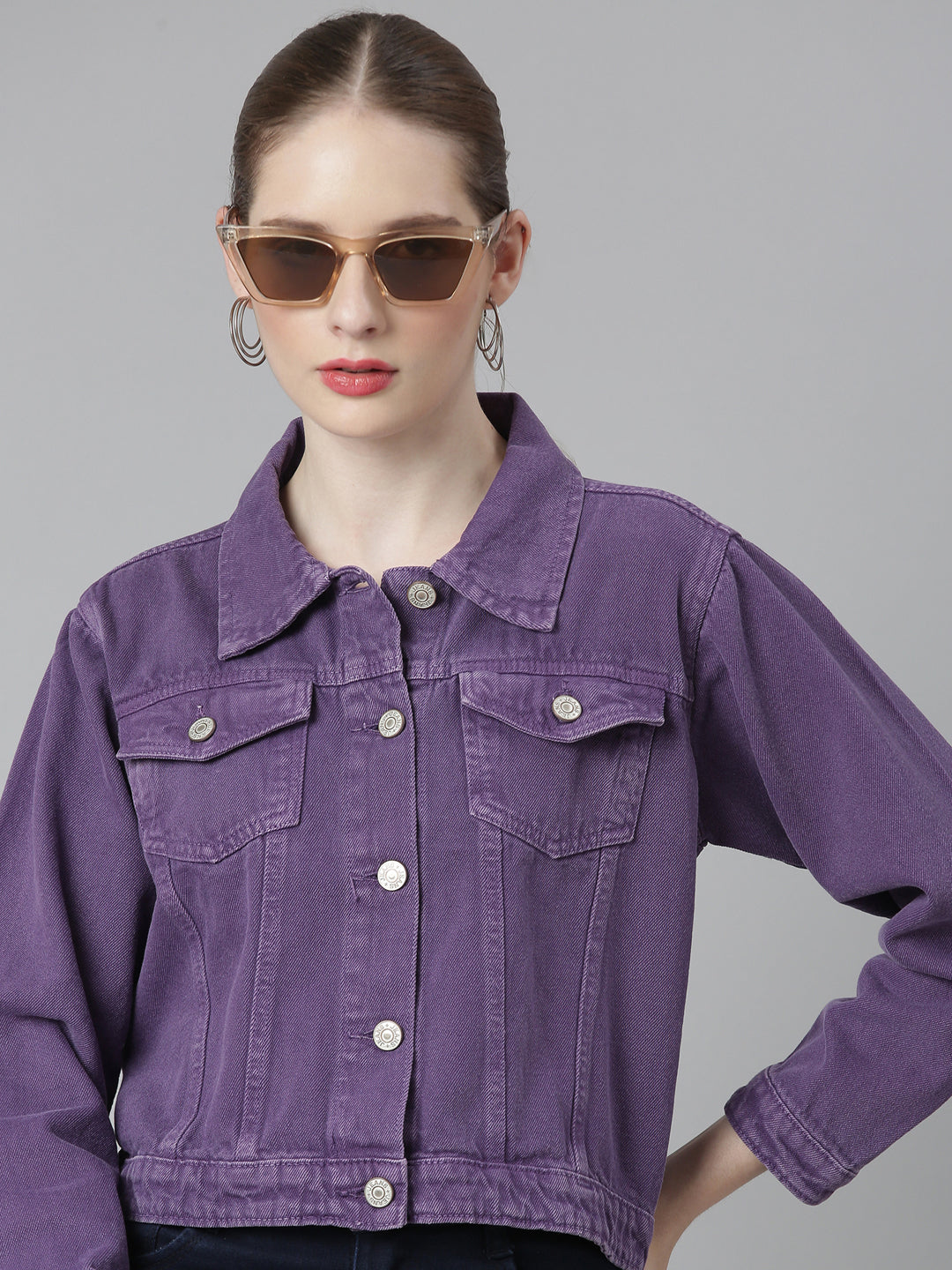 Women Purple Solid Denim Jacket