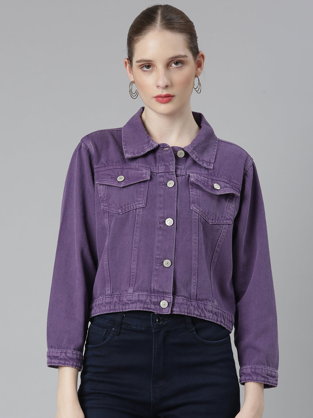 Women Purple Solid Denim Jacket