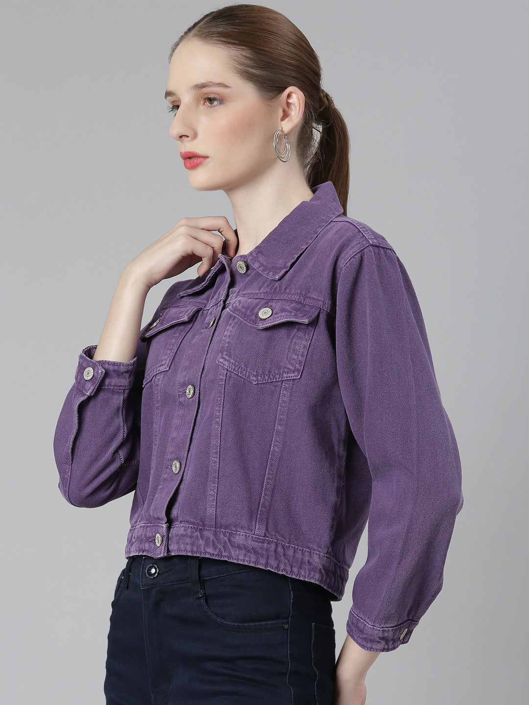 Women Purple Solid Denim Jacket