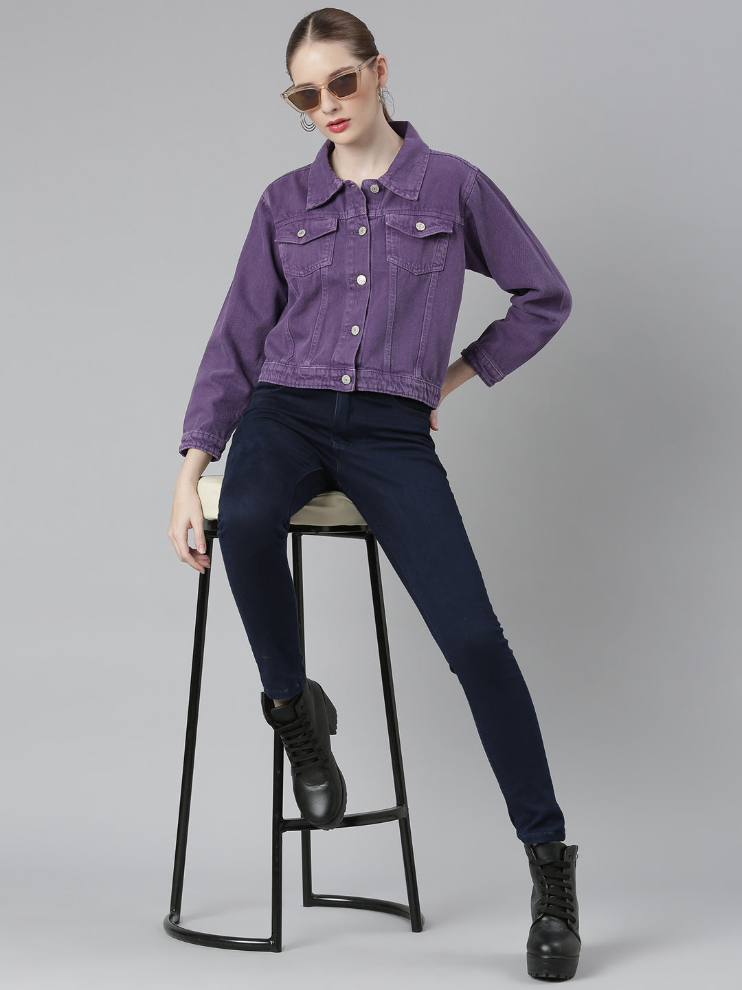 Women Purple Solid Denim Jacket