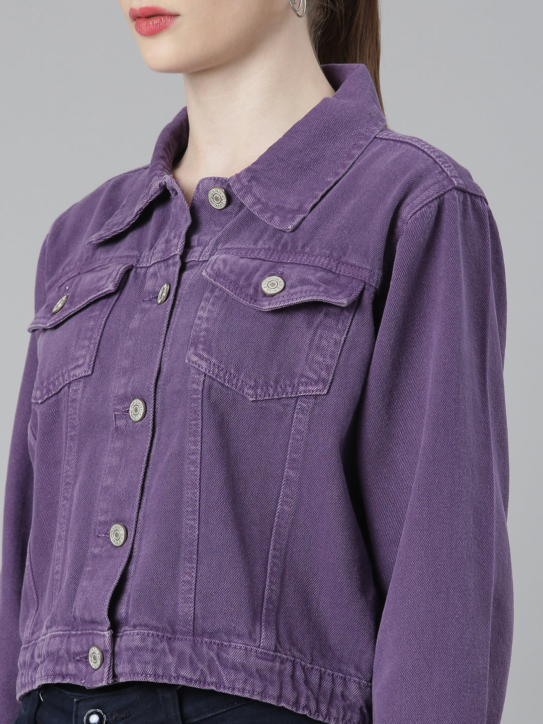 Women Purple Solid Denim Jacket